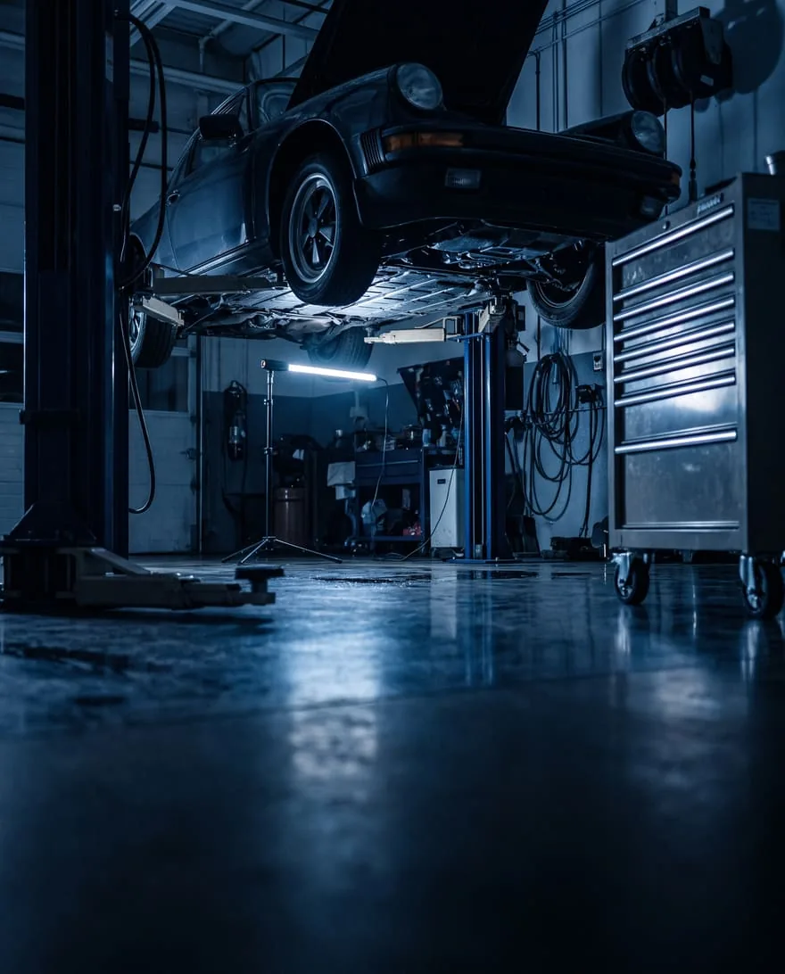 Carro elevado no box de uma oficina mecânica